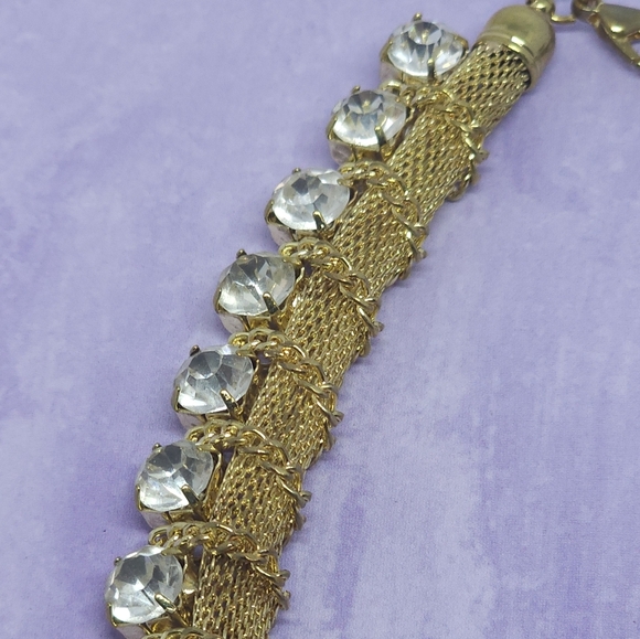 Gold Tone & Rhinestone Statement Mesh and Chain Necklace - Picture 6 of 10